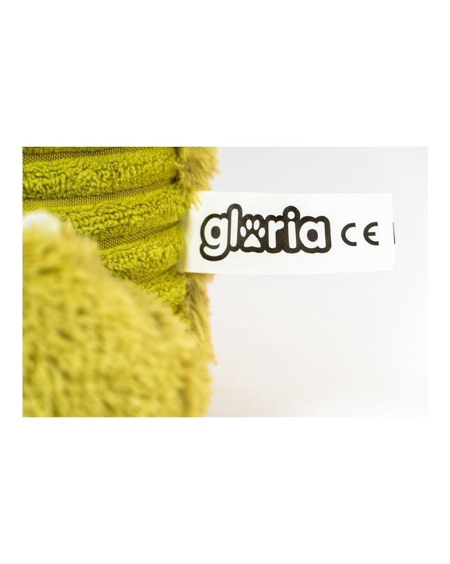 Green Gloria dog plush toy made of polyester and polypropylene, featuring a monster design for canine play and comfort.