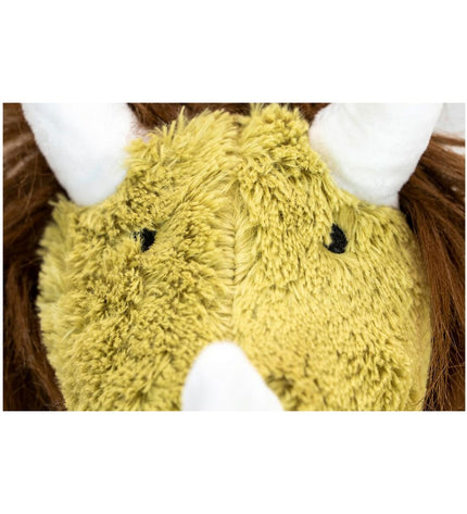 Gloria Groen Oker honden knuffel van polyester en polypropyleen met monster print, zacht en geschikt voor speel- en knuffelplezier.