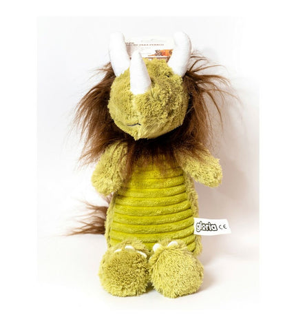 Green and ochre Gloria dog plush toy made of polyester and polypropylene, designed for dogs, with a soft, monster-shaped appearance.