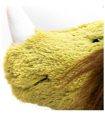 Green and ochre plush dog toy from Gloria, made of polyester and polypropylene, designed for canine play and comfort.