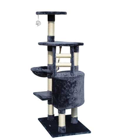 Gloria cat tree with sisal scratching posts, polyester and wooden platforms, gray color, measuring 55x40x120 cm.