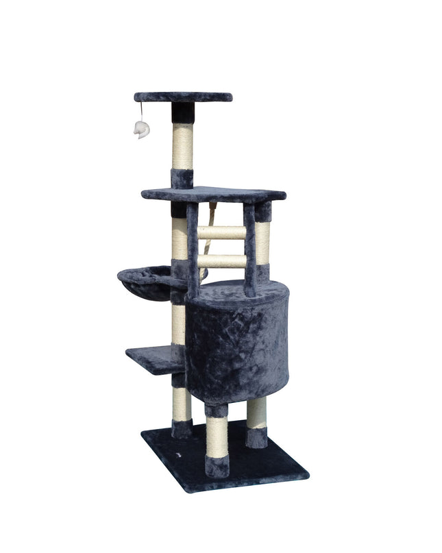 Gloria cat tree with sisal scratching posts, polyester and wooden platforms, gray color, measuring 55x40x120 cm.