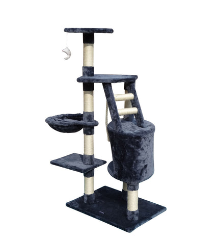 Gloria cat scratching post with sisal, polyester, wood, and paper materials in gray, measuring 55x40x120 cm, for feline scratching and climbing.