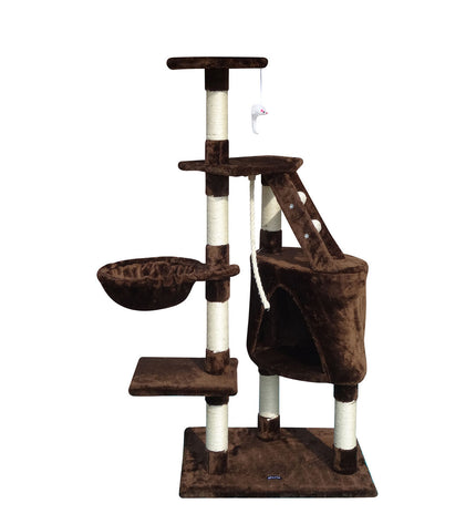 Cat tree Gloria in brown wood with sisal scratching posts and paper platforms, measuring 55x40x120 cm, designed for cats.