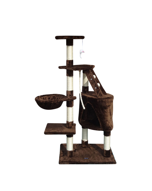 Cat tree Gloria in brown wood with sisal scratching posts and paper platforms, measuring 55x40x120 cm, designed for cats.