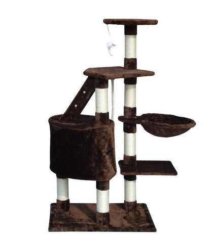 Brown Gloria cat tree with sisal scratching posts, wooden base, and multiple levels for cats to climb and rest.