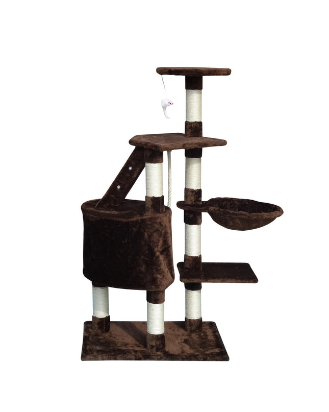 Brown Gloria cat tree with sisal scratching posts, wooden base, and multiple levels for cats to climb and rest.