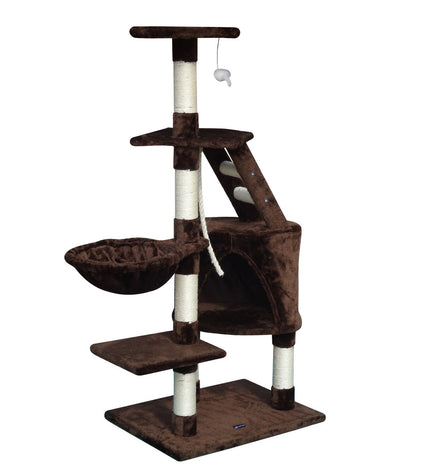 Brown Gloria cat tree with scratching posts, platforms, and sisal-covered areas for climbing and playing.