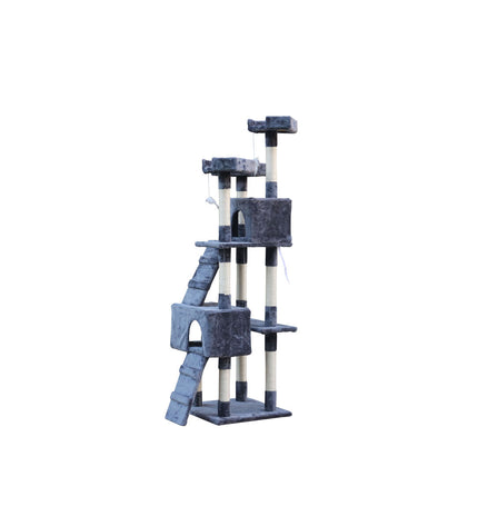 Gloria cat climbing tree with sisal scratching posts, gray polyester and wood structure, designed for cats to play and perch.