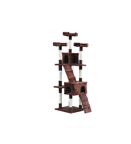 Cat tree Gloria in brown wood with sisal and paper platforms, measuring 50x50x170 cm, designed for feline entertainment and scratching.