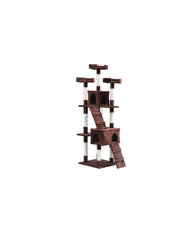 Cat tree Gloria in brown wood with sisal and paper platforms, measuring 50x50x170 cm, designed for feline entertainment and scratching.