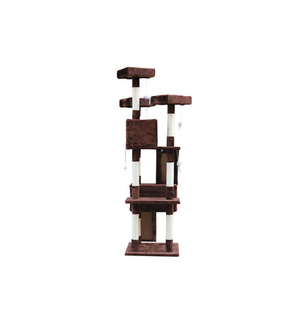 Brown wooden cat tree with sisal scratching posts, climbing platforms, and cozy hideouts for cats by Gloria.