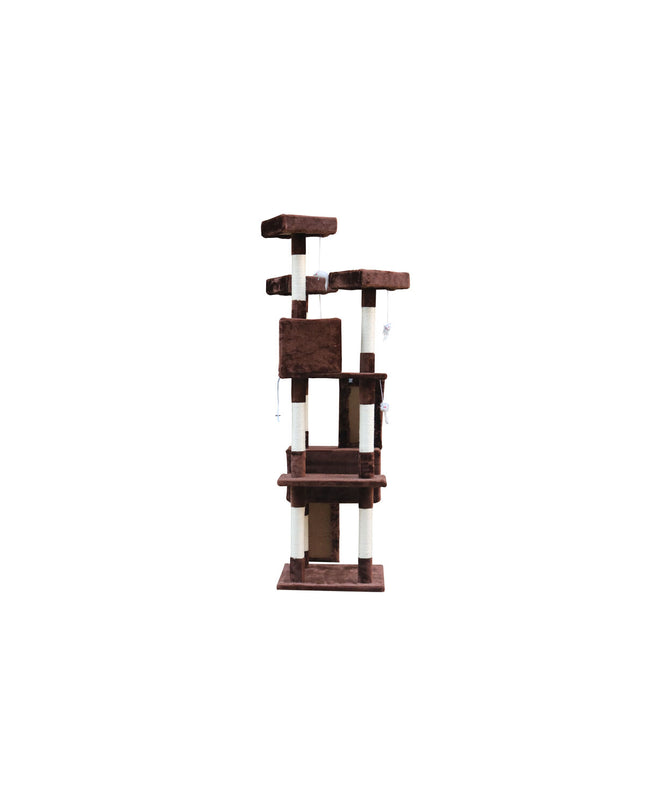 Brown wooden cat tree with sisal scratching posts, climbing platforms, and cozy hideouts for cats by Gloria.