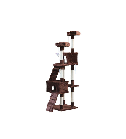 Brown Gloria cat tree with scratching posts, platforms, and cozy hideouts, made of wood, paper, and sisal for feline play and rest.