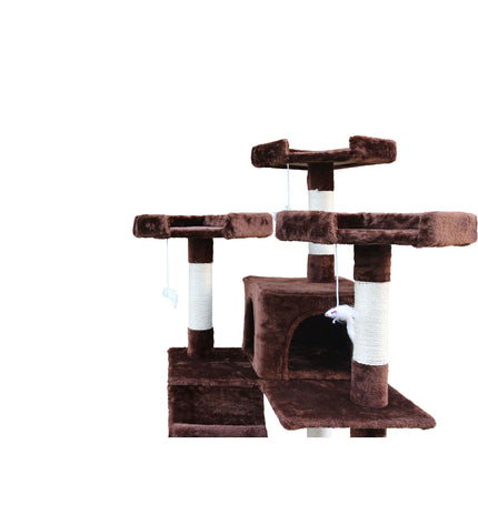Brown Gloria cat tree with sisal scratching posts, wooden platforms, and cozy hideouts, measuring 50x50x170 cm.