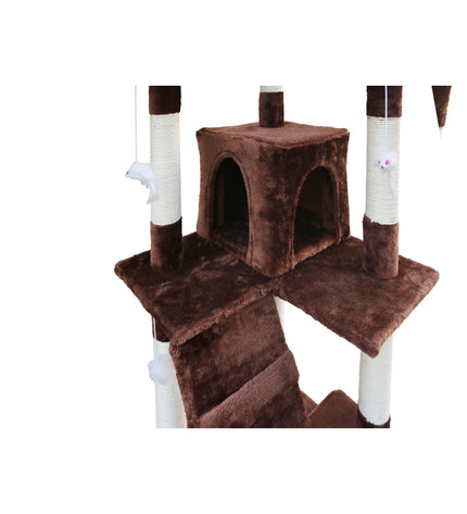 Cat tree Gloria with brown wooden posts, sisal scratching surfaces, and multiple platforms for cats to climb and rest.