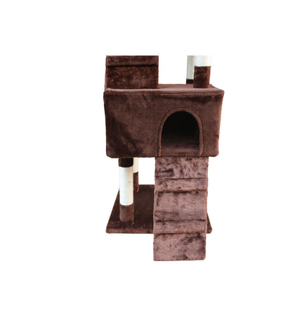 Brown Gloria cat tree with sisal scratching posts, wooden platforms, and cozy hideouts for cats to climb and rest.