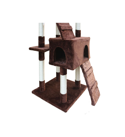Brown Gloria cat tree with sisal scratching posts, wooden platforms, and cozy hiding spots for cats to climb and relax.