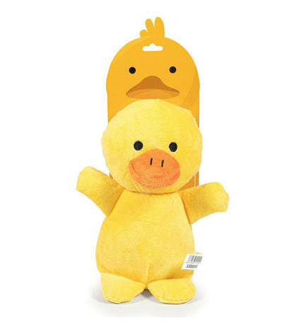 Gloria Enyi 20 cm duck plush dog toy, soft and cuddly for dogs, shown in a colorful pet product image.