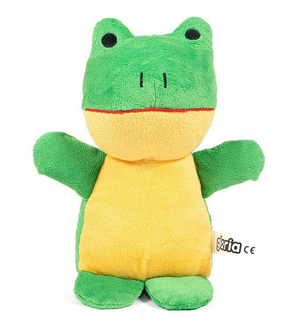 Gloria Rafiki Kikker dog plush toy with bright green body and soft fabric, designed for dogs to cuddle and chew.