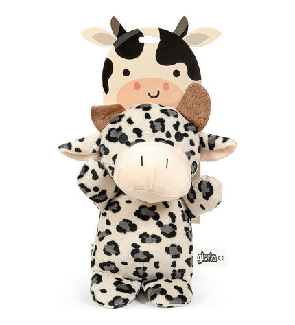 Beige Gloria Marvel dog plush toy in the shape of a cow made from polyester and polypropylene, designed for dogs.