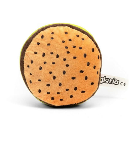 Gloria hondenknuffel in hamburgerstijl, zachte honden speelgoed met burgerpatroon, geschikt voor hondenliefhebbers.