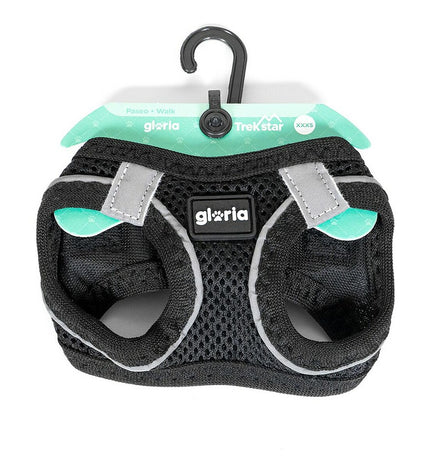 Black Gloria Air Mesh Trek Star dog harness in size XXXS (18-20 cm) with adjustable straps, designed for small dogs.