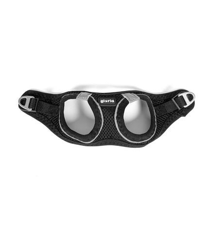 Black Gloria Trek Star dog harness in XS, adjustable for 27-28 cm or 31-34.6 cm neck size, suitable for small dogs.