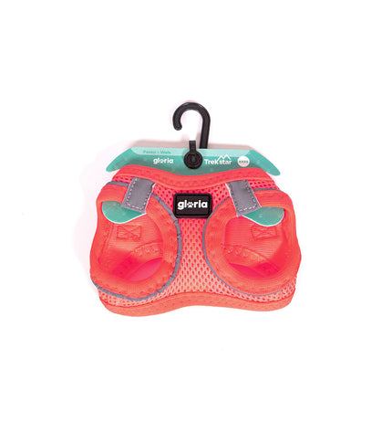 Pink Gloria Trek Star dog harness in size S, adjustable 29.4-32.6 cm neck and 41.4-43 cm chest, with a secure buckle and D-ring.