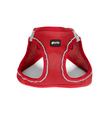 Red Gloria Trek Star dog harness for small dogs, adjustable, with a secure fit for neck 29.4-32.6 cm and chest 41.4-43 cm.