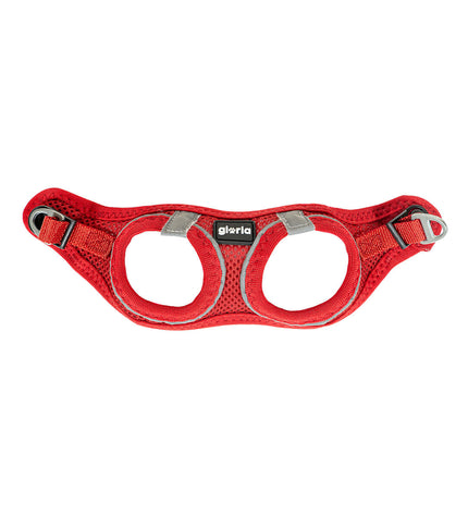 Red Gloria Trek Star dog harness for small dogs, adjustable 29.4-32.6 cm neck and 41.4-43 cm chest, padded and comfortable fit.