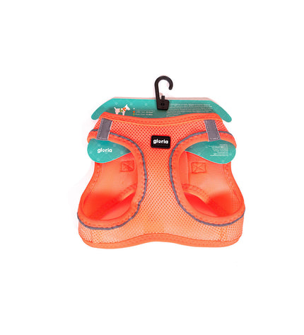 Orange Gloria Trek Star dog harness for medium-sized dogs, adjustable neck and chest straps, with reflective details.