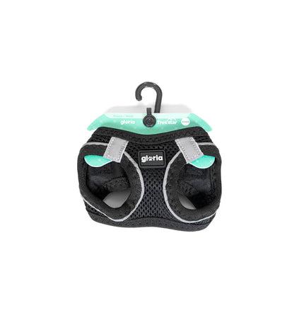Gloria Trek Star dog harness in black, adjustable size 32.8-35.4 cm, 45-47 cm, designed for comfortable fit and control.