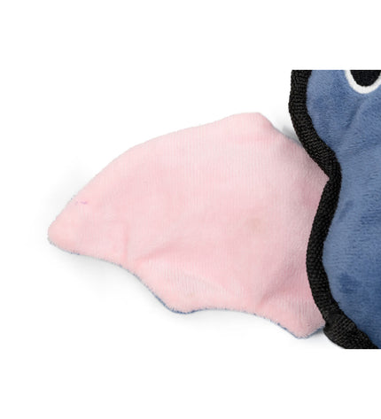 Gloria black dog plush toy in bat shape made of polyester and polypropylene, designed for dogs to chew and play.