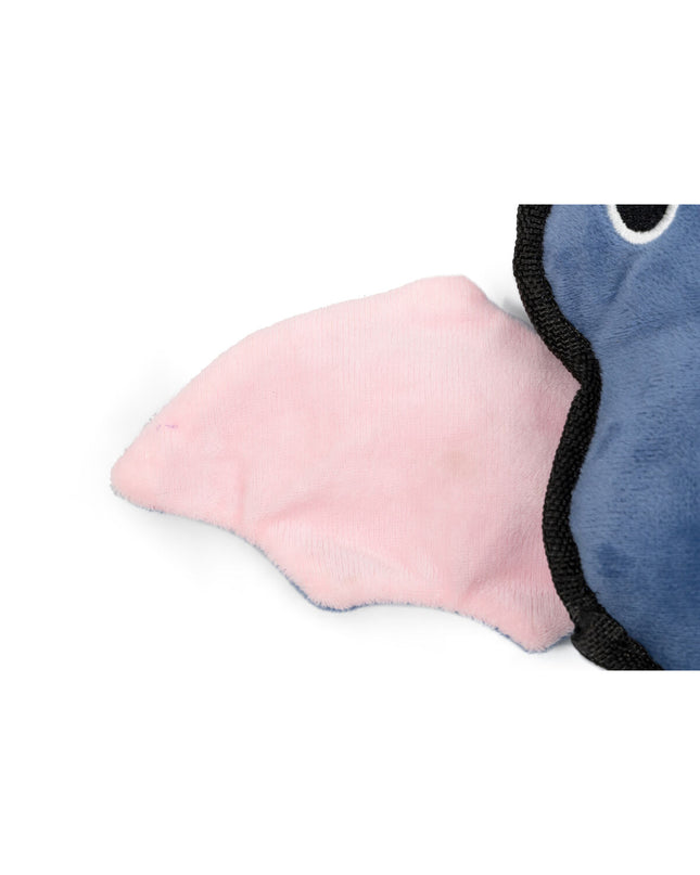 Gloria black dog plush toy in bat shape made of polyester and polypropylene, designed for dogs to chew and play.