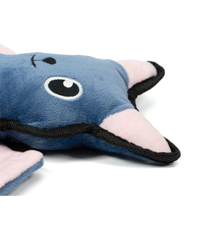 Black Gloria dog plush toy shaped like a bat, made of polyester and polypropylene, for dogs to play and cuddle.