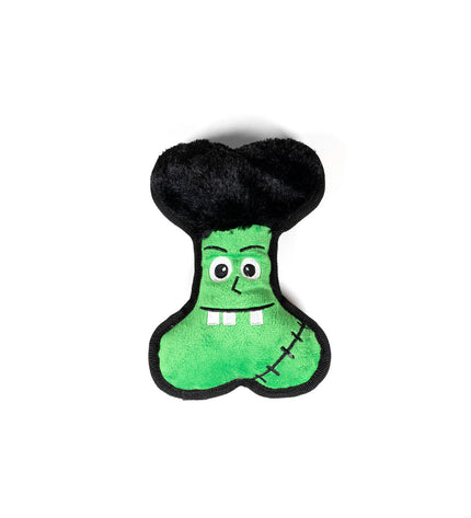 Green Gloria Frankenstein dog plush toy made of polyester and polypropylene, designed for entertaining and chewing.