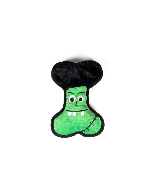 Green Gloria Frankenstein dog plush toy made of polyester and polypropylene, designed for entertaining and chewing.
