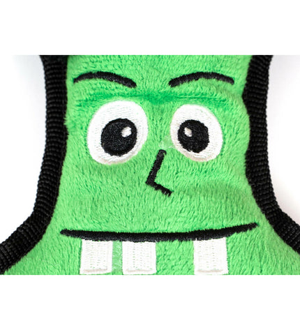 Gloria green Frankenstein dog plush toy made of polyester and polypropylene, designed for dogs to chew and play.