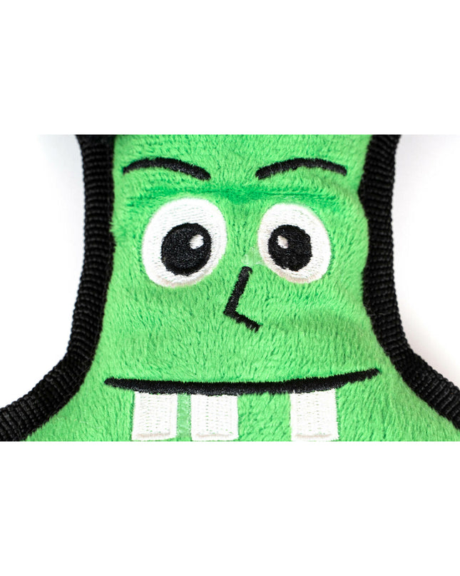 Gloria green Frankenstein dog plush toy made of polyester and polypropylene, designed for dogs to chew and play.