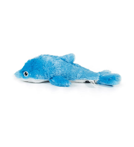 Blue Gloria dog plush toy shaped like a dolphin made of polyester and polypropylene, designed for dogs.