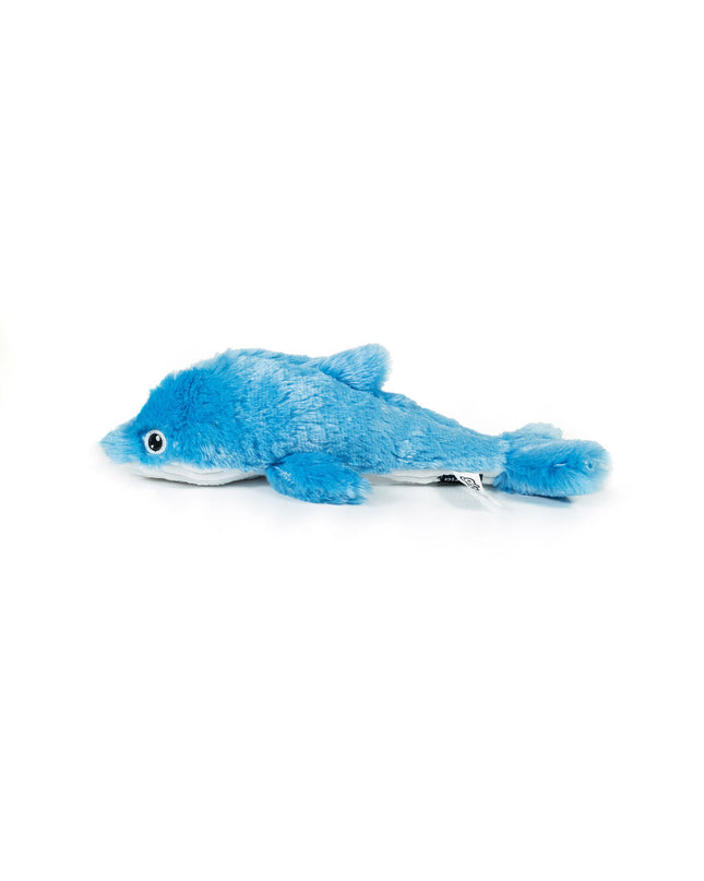 Blue Gloria dog plush toy shaped like a dolphin made of polyester and polypropylene, designed for dogs.