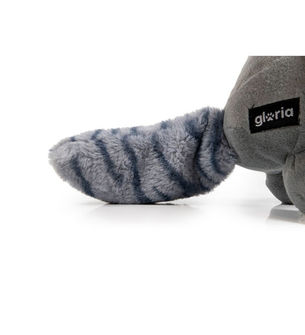 Gray Gloria dog plush toy made of polyester and polypropylene, soft and durable for dogs, shown on a neutral background.