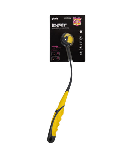 Yellow Gloria dog ball launcher made of durable polypropylene and TPR, designed for outdoor play with dogs.