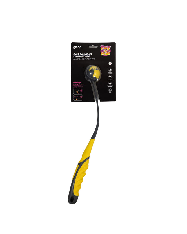 Yellow Gloria dog ball launcher made of durable polypropylene and TPR, designed for outdoor play with dogs.