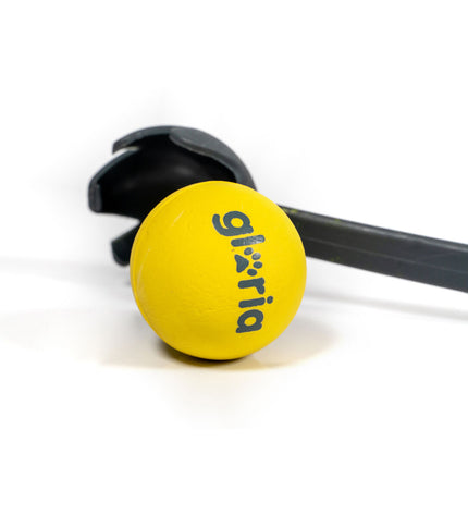 Gloria yellow dog ball launcher made of durable polypropylene and TPR, suitable for outdoor play with dogs.