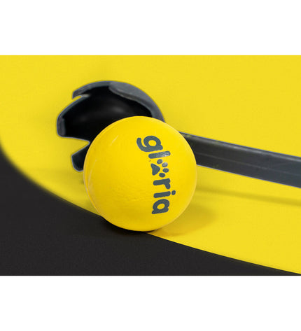 Gloria yellow dog ball launcher made of polypropylene and TPR, designed for interactive play with dogs.