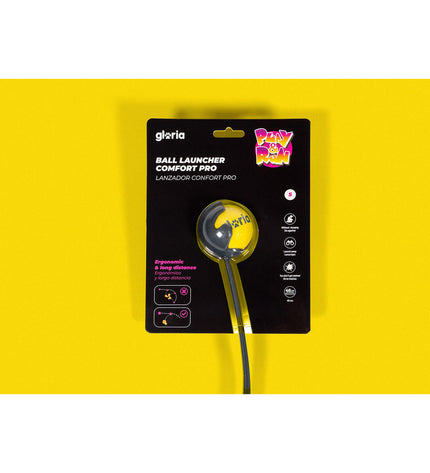 Yellow Gloria dog ball launcher made of durable polypropylene and TPR, designed for interactive play with dogs.
