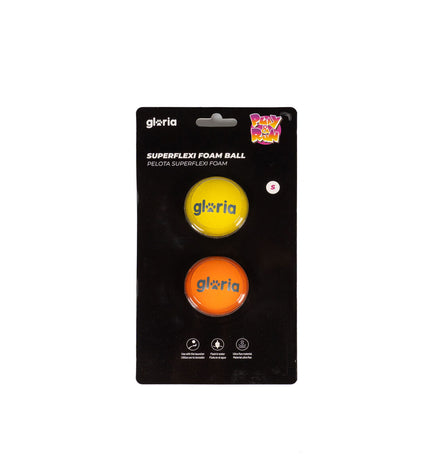 Two yellow Gloria Play and Run dog rubber foam balls, 4.5 cm size, suitable for pet play and fetch.