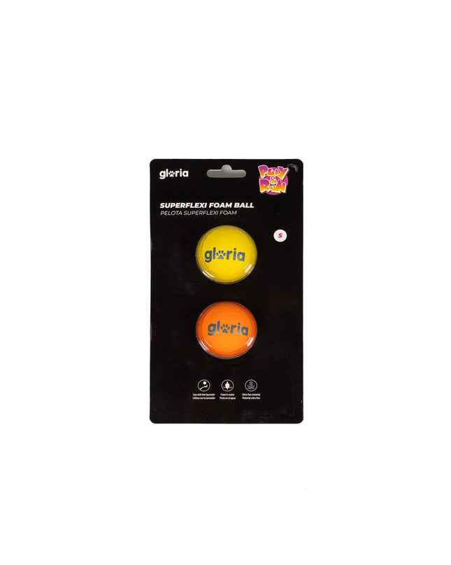 Two yellow Gloria Play and Run dog rubber foam balls, 4.5 cm size, suitable for pet play and fetch.